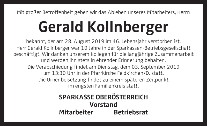  Traueranzeige für Gerald Kollnberger vom 31.08.2019 aus OÖNachrichten