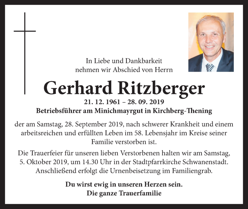  Traueranzeige für Gerhard Ritzberger vom 03.10.2019 aus OÖNachrichten