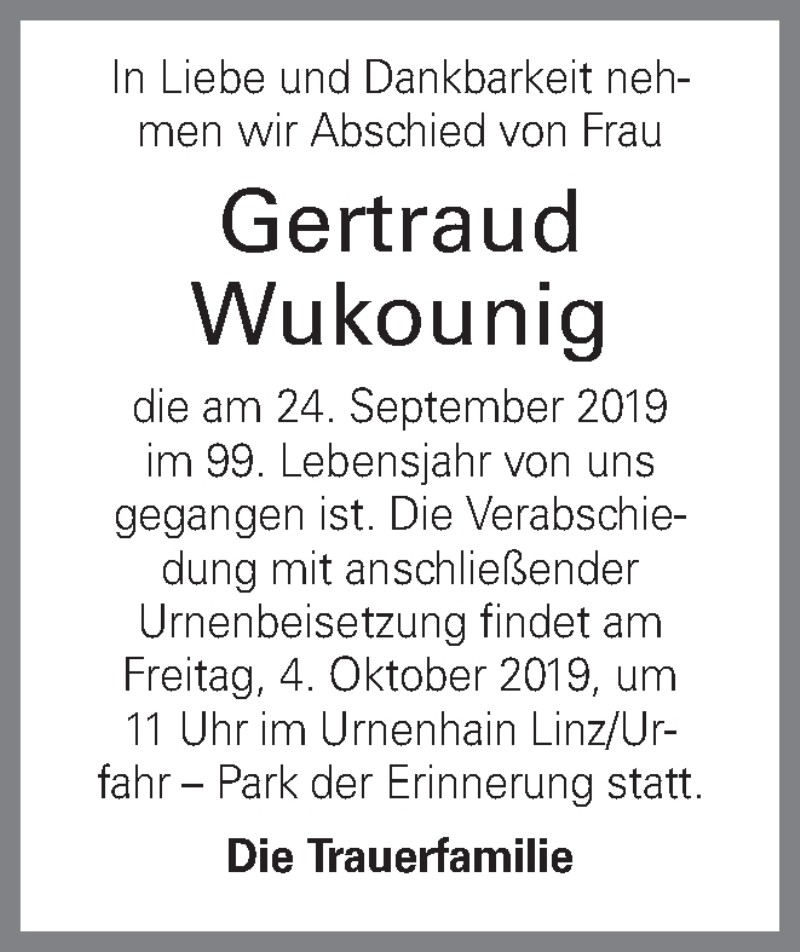  Traueranzeige für Gertraud Wukounig vom 02.10.2019 aus OÖNachrichten