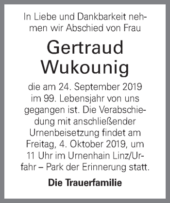Traueranzeige von Gertraud Wukounig von OÖNachrichten