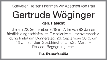 Traueranzeige von Gertrude Wöginger von OÖNachrichten