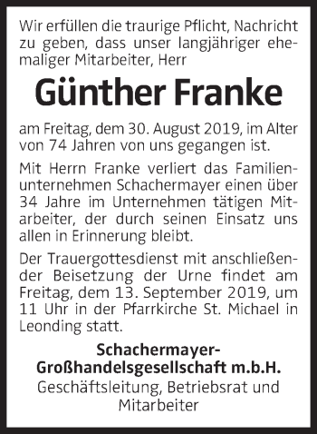 Traueranzeige von Günther Franke von OÖNachrichten