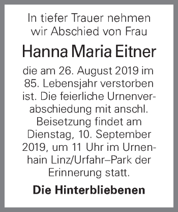 Traueranzeige von Hanna Maria Eitner von OÖNachrichten