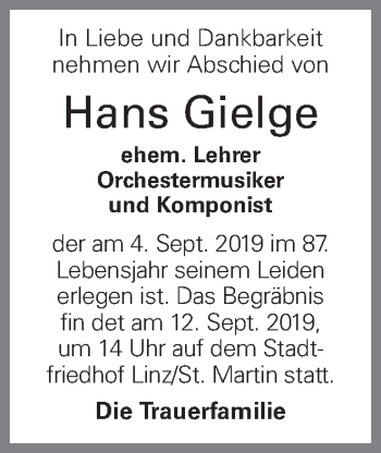 Traueranzeige von Hans Gielge von OÖNachrichten