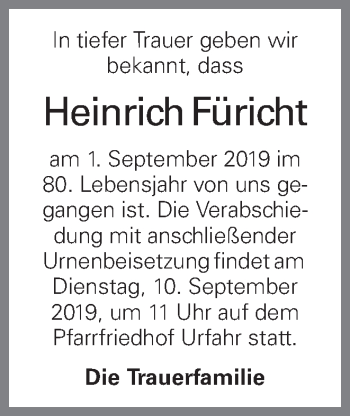 Traueranzeige von Heinrich Füricht von OÖNachrichten