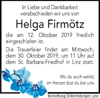Traueranzeige von Helga Firmötz von OÖNachrichten