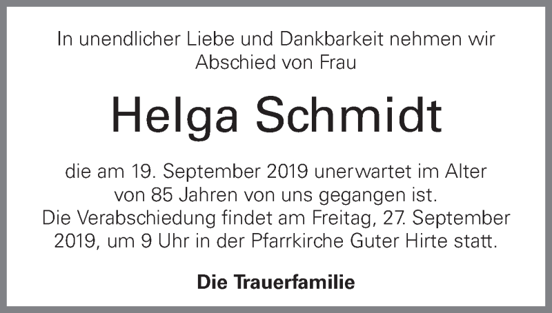  Traueranzeige für Helga Schmidt vom 25.09.2019 aus OÖNachrichten
