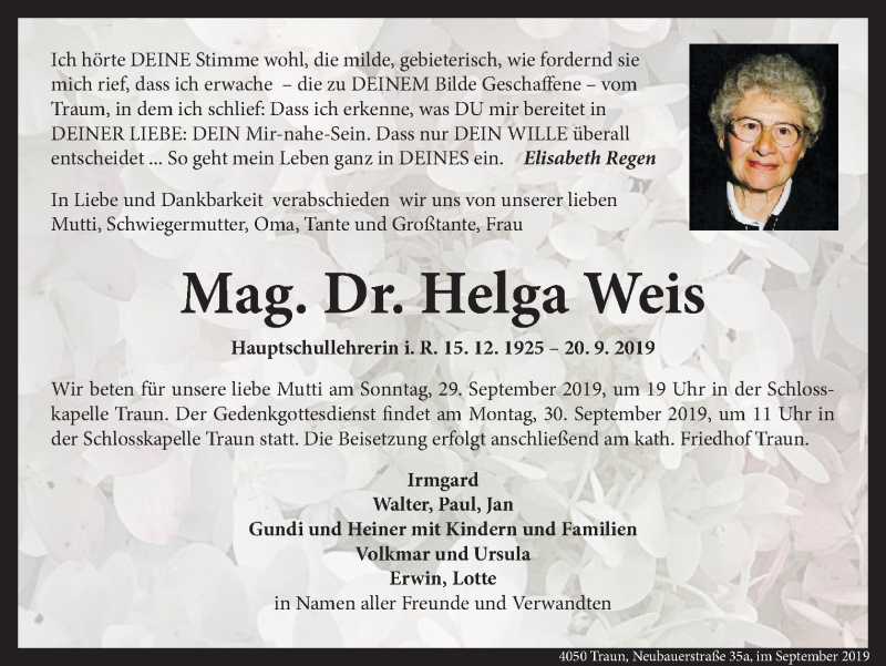  Traueranzeige für Helga Weis vom 28.09.2019 aus OÖNachrichten