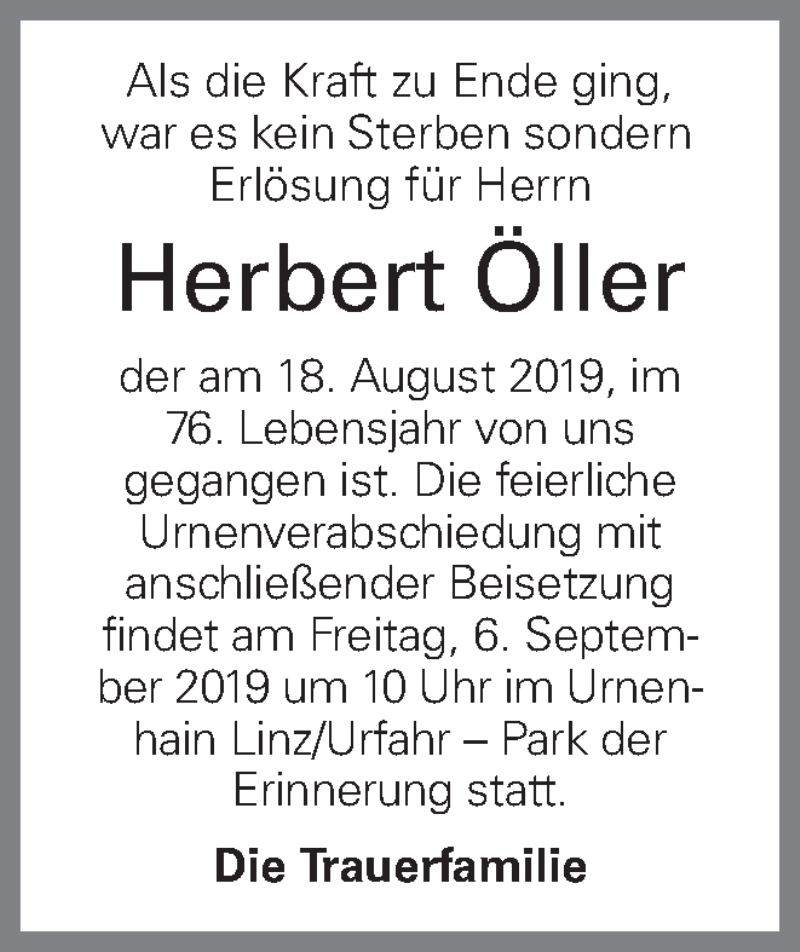  Traueranzeige für Herbert Öller vom 31.08.2019 aus OÖNachrichten