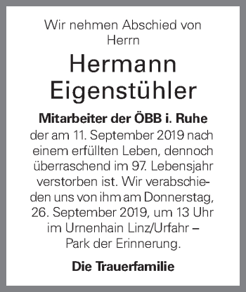 Traueranzeige von Hermann Eigenstühler von OÖNachrichten