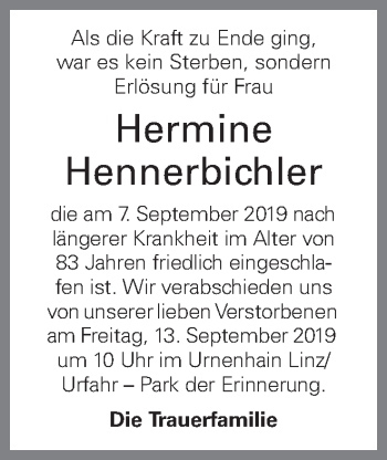 Traueranzeige von Hermine Hennerbichler von OÖNachrichten