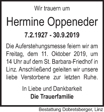 Traueranzeige von Hermine Oppeneder von OÖNachrichten