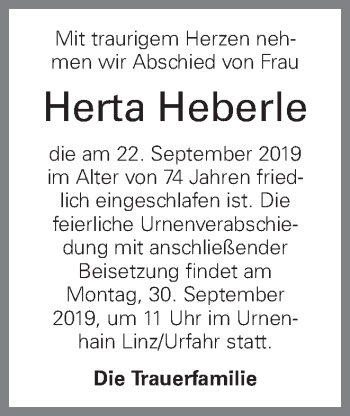 Traueranzeige von Herta Heberle von OÖNachrichten