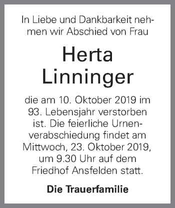 Traueranzeige von Herta Linninger von OÖNachrichten