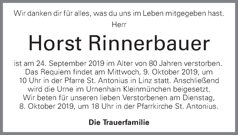  Traueranzeige für Horst Rinnerbauer vom 28.09.2019 aus OÖNachrichten
