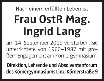 Traueranzeige von Ingrid Lang von OÖNachrichten