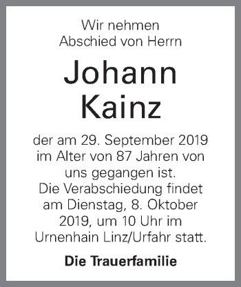 Traueranzeige von Johann Kainz von OÖNachrichten
