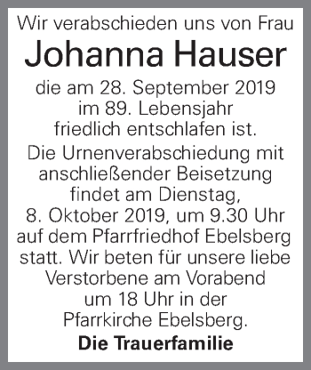 Traueranzeige von Johanna Hauser von OÖNachrichten