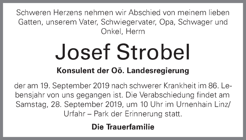  Traueranzeige für Josef Strobel vom 25.09.2019 aus OÖNachrichten