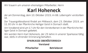 Traueranzeige von Karl Hoheneck von OÖNachrichten