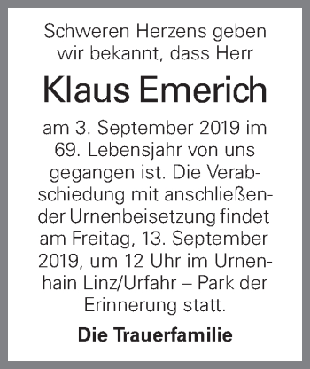 Traueranzeige von Klaus Emerich von OÖNachrichten