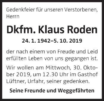 Traueranzeige von Klaus Roden von OÖNachrichten