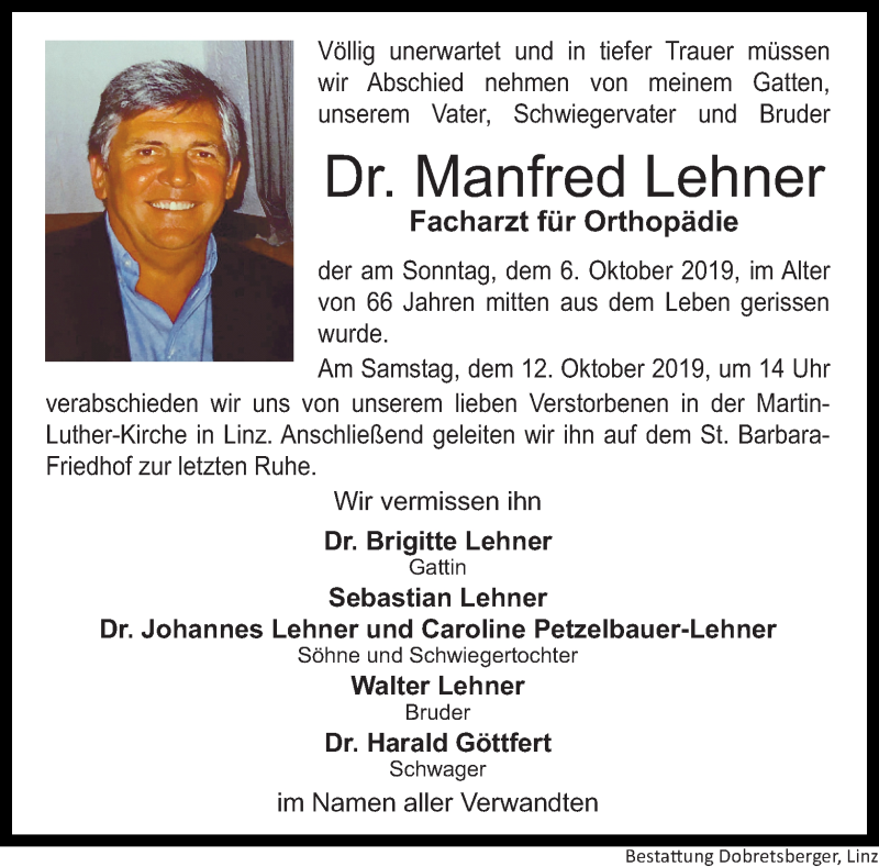  Traueranzeige für Manfred Lehner vom 10.10.2019 aus OÖNachrichten