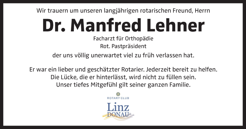  Traueranzeige für Manfred Lehner vom 11.10.2019 aus OÖNachrichten