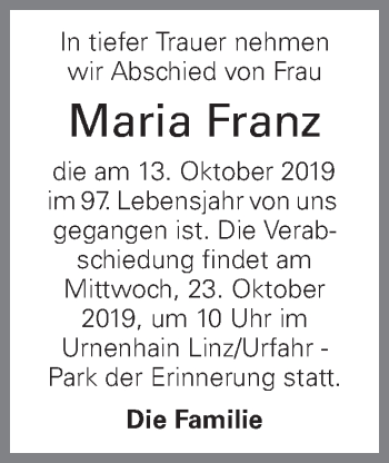 Traueranzeige von Maria Franz von OÖNachrichten