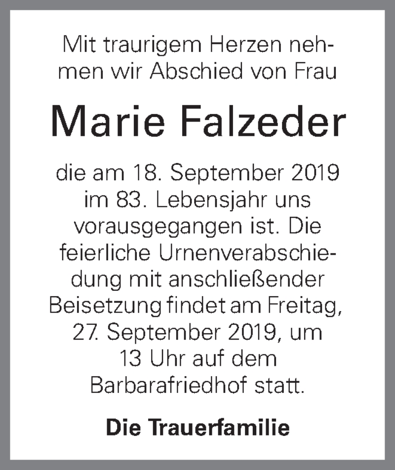  Traueranzeige für Marie Falzeder vom 21.09.2019 aus OÖNachrichten
