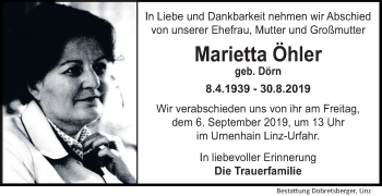 Traueranzeige von Marietta Öhler von OÖNachrichten