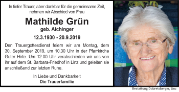 Traueranzeige von Mathilde Grün von OÖNachrichten