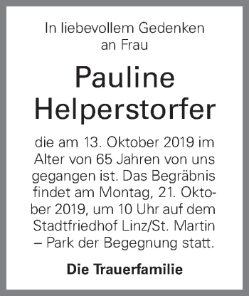 Traueranzeige von Pauline Helperstorfer von OÖNachrichten
