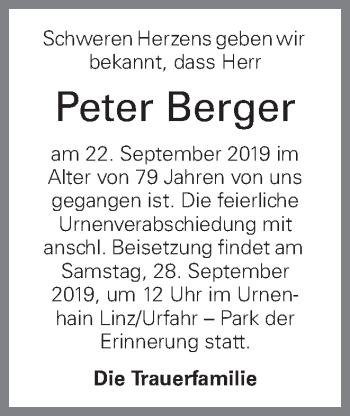 Traueranzeige von Peter Berger von OÖNachrichten