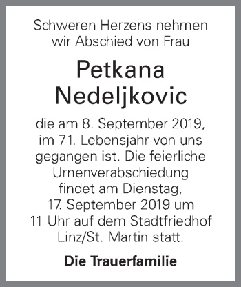 Traueranzeige von Petkana Nedeljkovic von OÖNachrichten