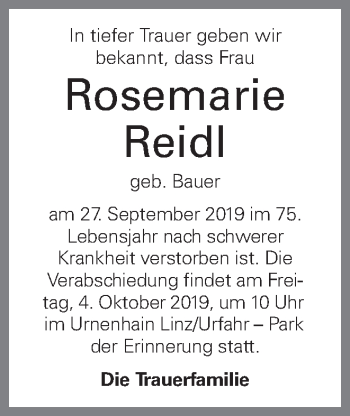 Traueranzeige von Rosemarie Reidl von OÖNachrichten
