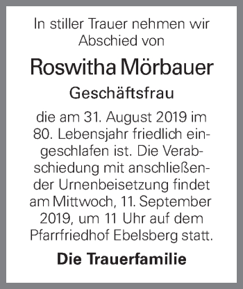 Traueranzeige von Roswitha Mörbauer von OÖNachrichten
