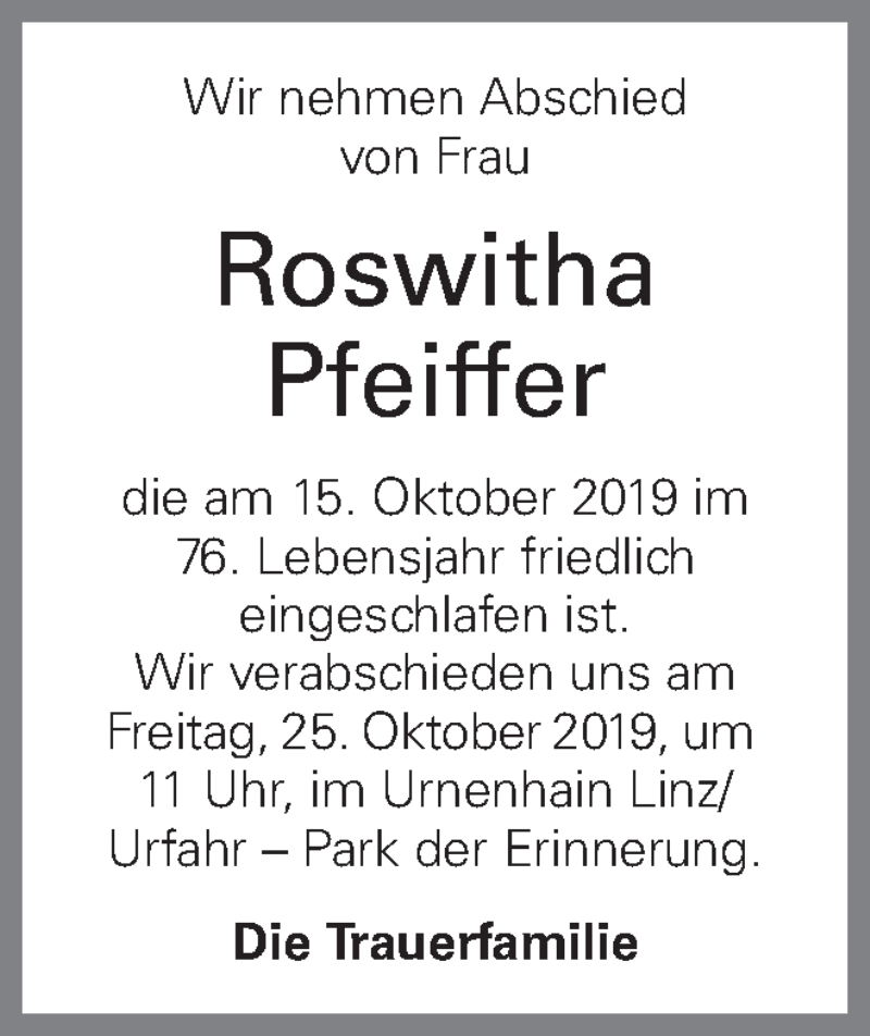  Traueranzeige für Roswitha Pfeiffer vom 19.10.2019 aus OÖNachrichten