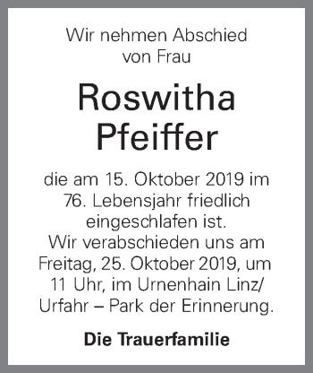 Traueranzeige von Roswitha Pfeiffer von OÖNachrichten