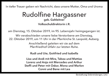 Traueranzeige von Rudolfine Hargassner von OÖNachrichten