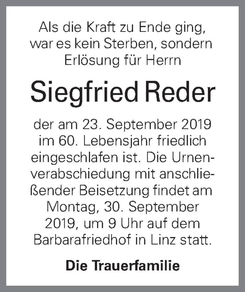  Traueranzeige für Siegfried Reder vom 27.09.2019 aus OÖNachrichten