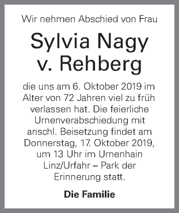 Traueranzeige von Sylvia Nagy v. Rehberg von OÖNachrichten