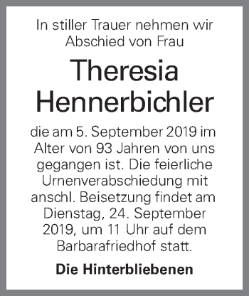 Traueranzeige von Theresia Hennerbichler von OÖNachrichten