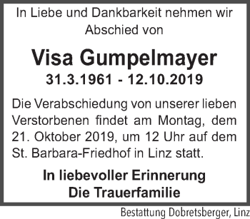Traueranzeige von Visa Gumpelmayer von OÖNachrichten