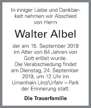 Traueranzeige von Walter Albel von OÖNachrichten