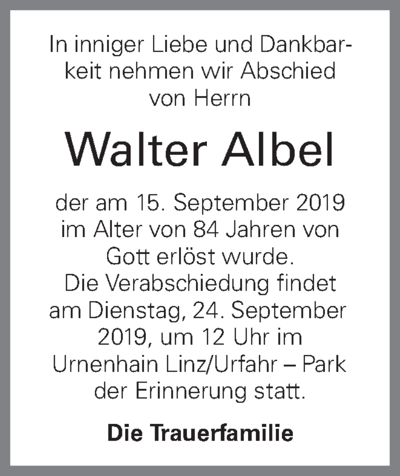  Traueranzeige für Walter Albel vom 19.09.2019 aus OÖNachrichten