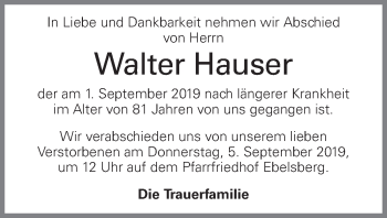 Traueranzeige von Walter Hauser von OÖNachrichten