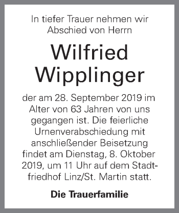 Traueranzeige von Wilfried Wipplinger von OÖNachrichten