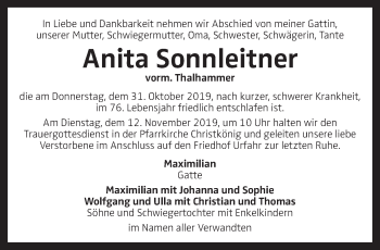 Traueranzeige von Anita Sonnleitner von OÖNachrichten