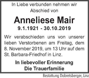Traueranzeige von Anneliese Mair von OÖNachrichten